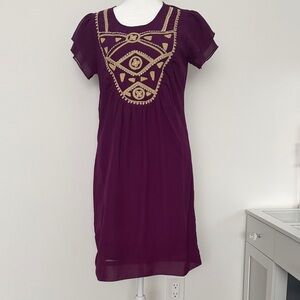 Handmade in Spain Chic Purple Mini Dress with Gold Detailing